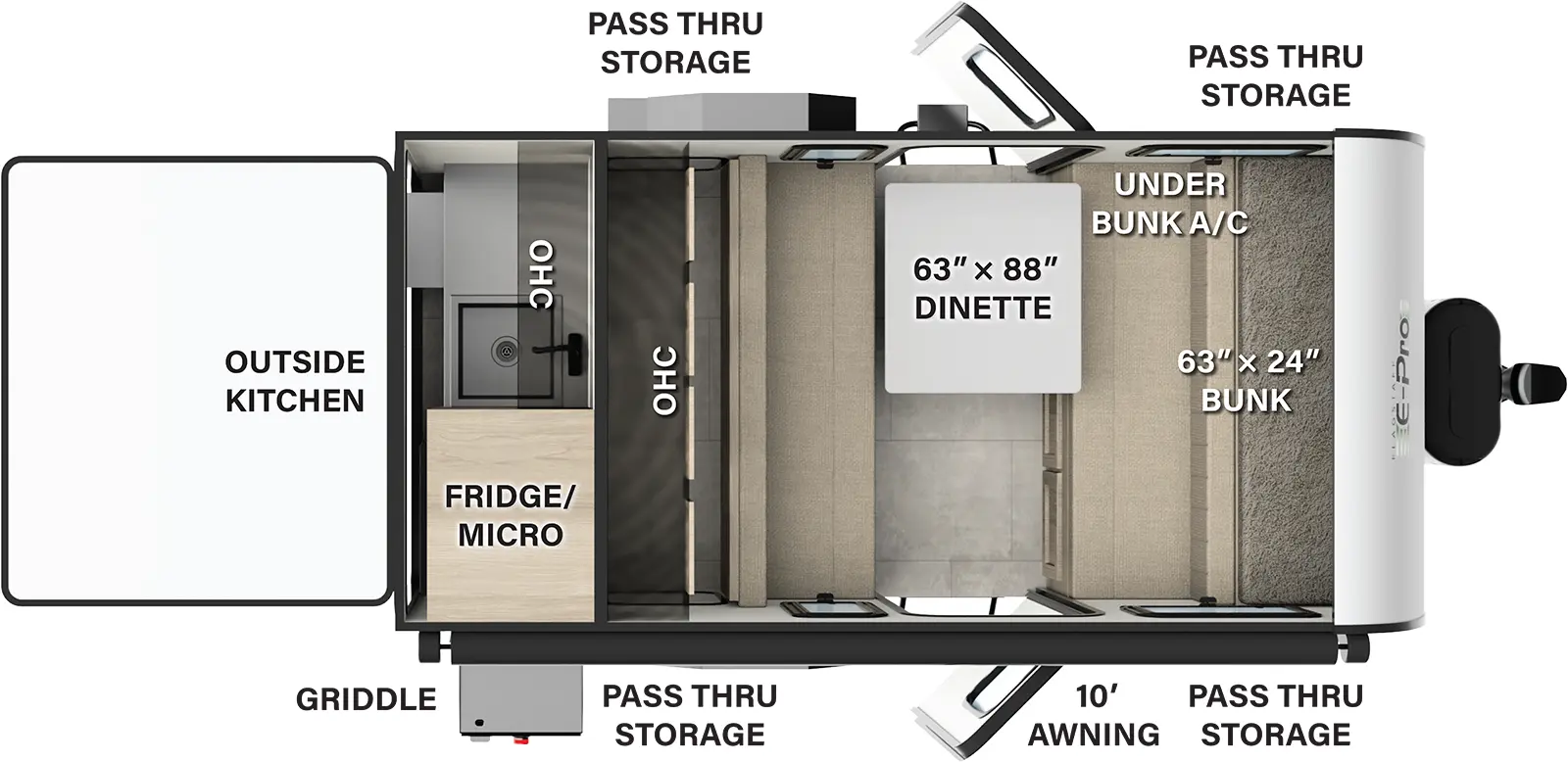 The Flagstaff E-Pro E14DA has two entries and zero slide outs. Exterior features include: fiberglass exterior, 10' awning and outside kitchen. 